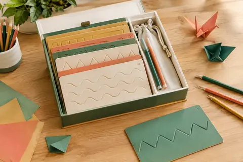Coffret ouvert de cahiers d’écriture rainurés avec stylos et pochette sur une table en bois clair.