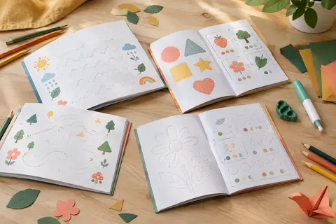Quatre cahiers d’écriture ouverts avec un stylo magique sur une table en bois clair