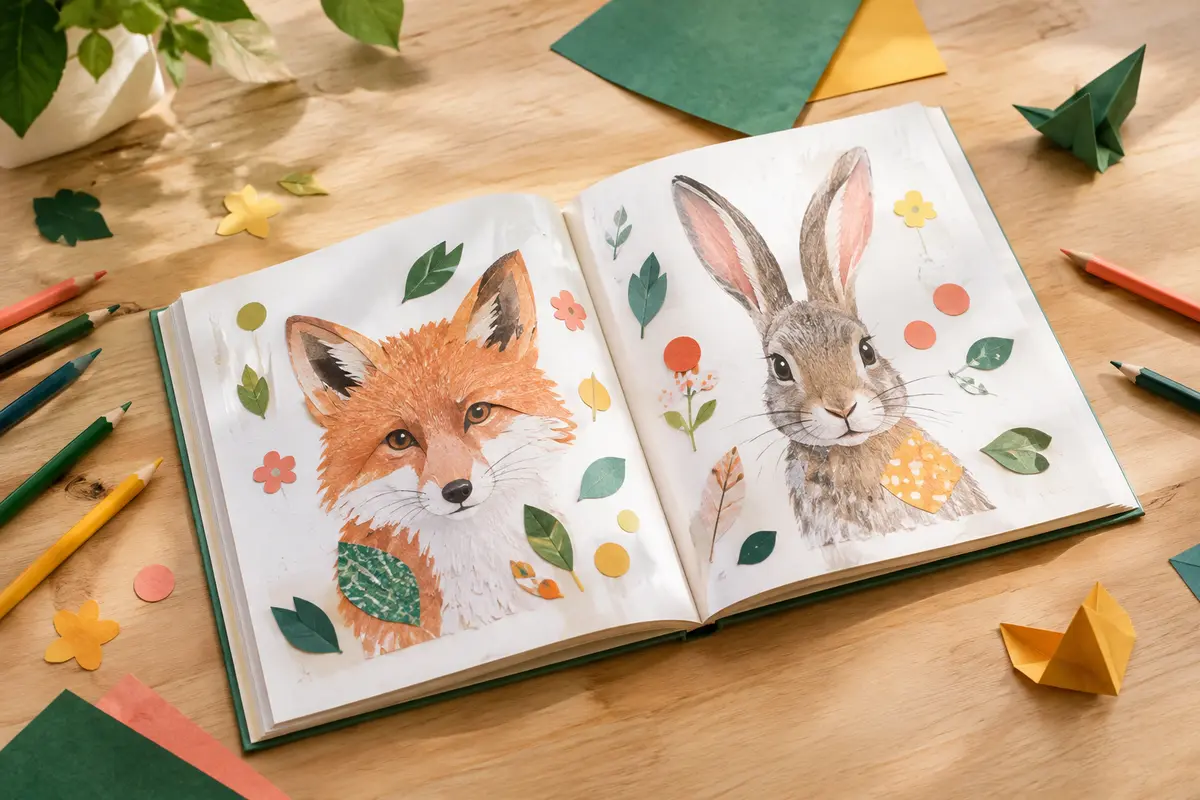 Cahier ouvert avec des portraits d’animaux à compléter avec des autocollants colorés