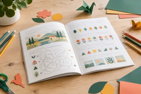 Livre broché de devinettes ouvert sur une table claire, entouré de crayons et de papiers colorés.