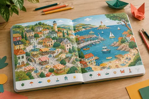 Album cherche et trouve tout-carton ouvert sur une table claire, avec des scènes colorées et quelques crayons.