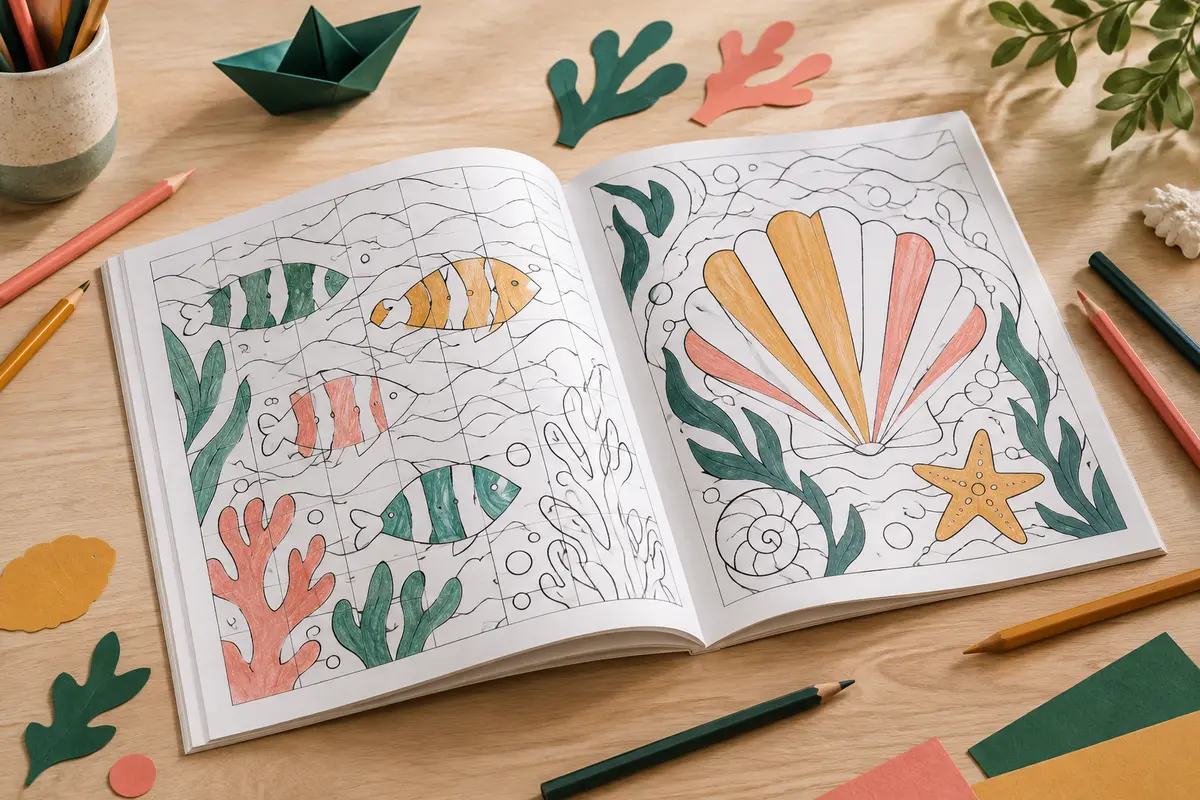 Livre de coloriage mystère ouvert sur des grilles marines, accompagné de crayons de couleur sur une table claire.