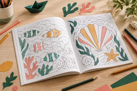 Livre de coloriage mystère ouvert sur des grilles marines, accompagné de crayons de couleur sur une table claire.