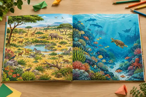 Très grand album cherche-et-trouve ouvert à plat sur une savane et un fond marin illustrés, avec des crayons de couleur sur une table en bois clair