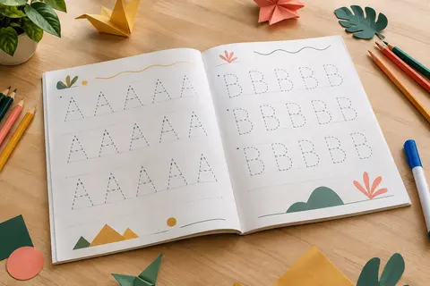 Cahier effaçable ouvert sur des tracés de lettres majuscules, accompagné de son feutre bleu.