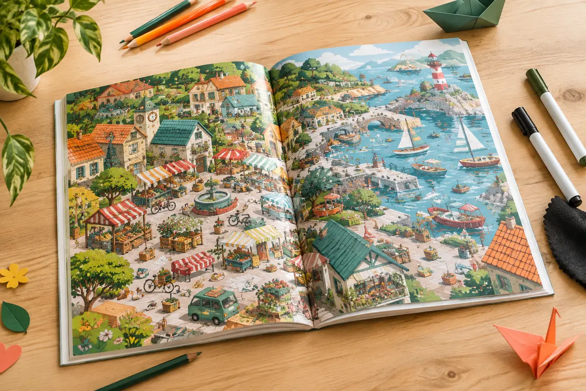Livre cherche et trouve ouvert sur une table, accompagné de marqueurs effaçables et d’un chiffon