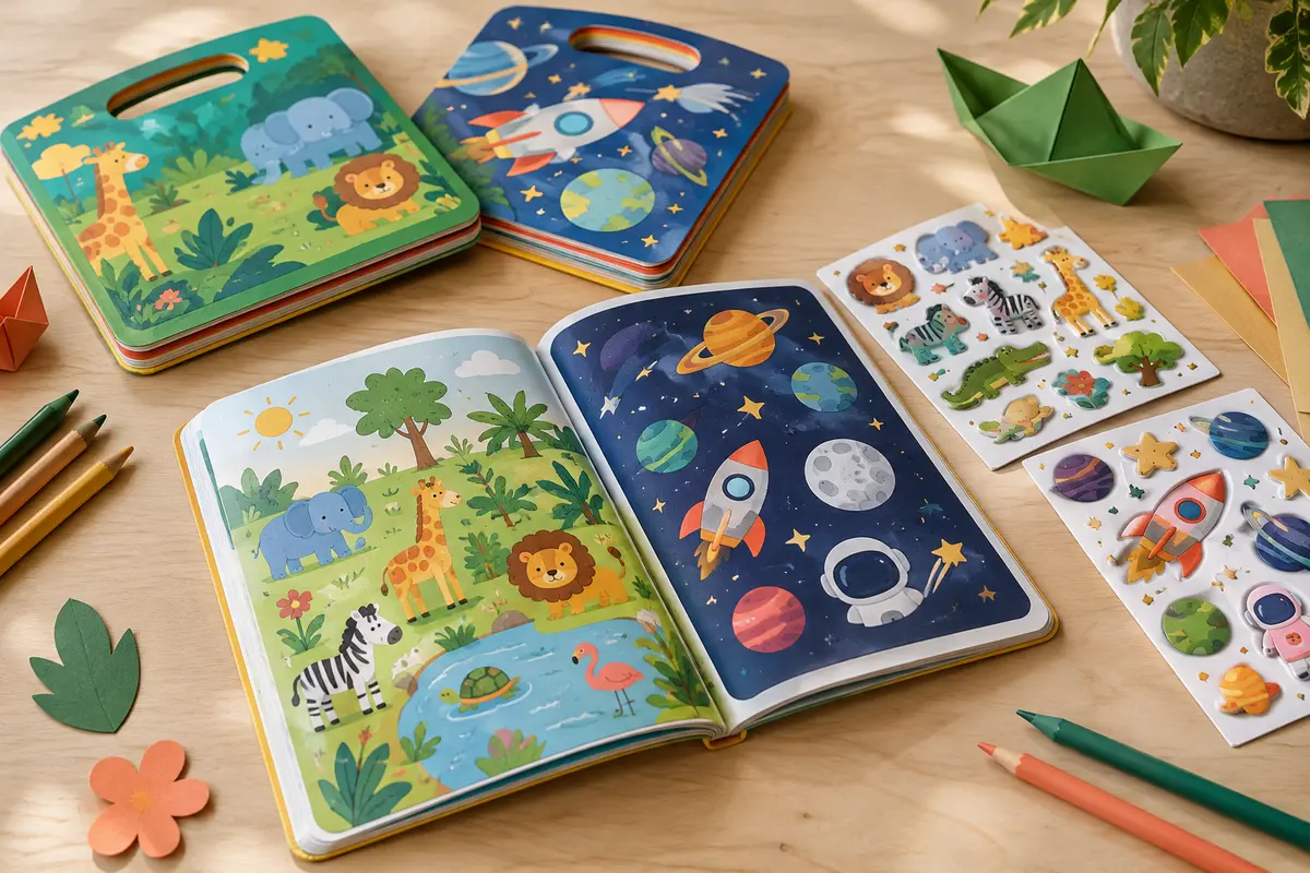 Livres d’autocollants ouverts avec des scènes illustrées et des gommettes en relief sur une table claire