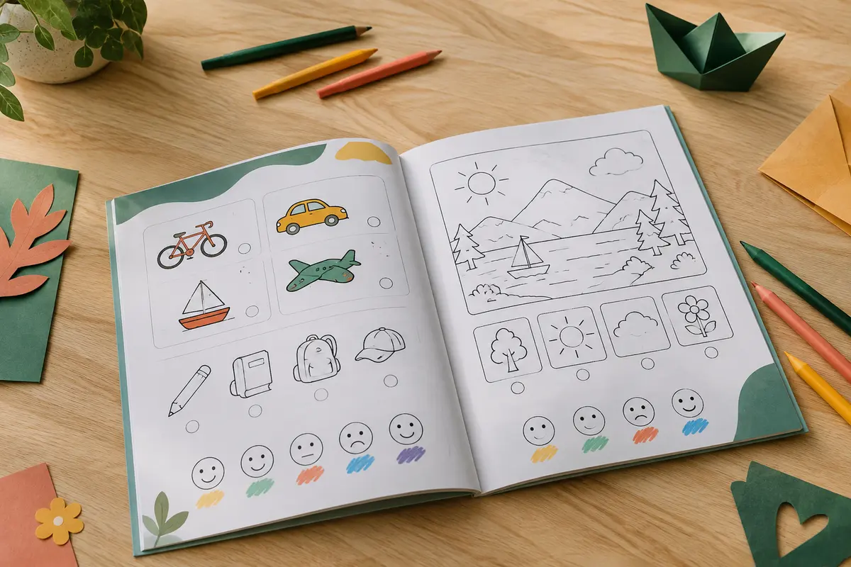 Cahier d’exercices d’anglais ouvert sur une table claire, accompagné de crayons de couleur