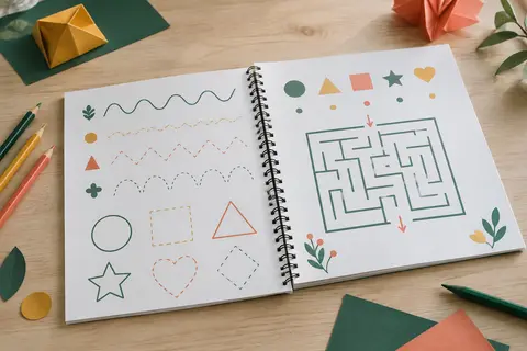 Cahier d’écriture A4 ouvert à spirale avec des tracés et des formes, accompagné de crayons de couleur.