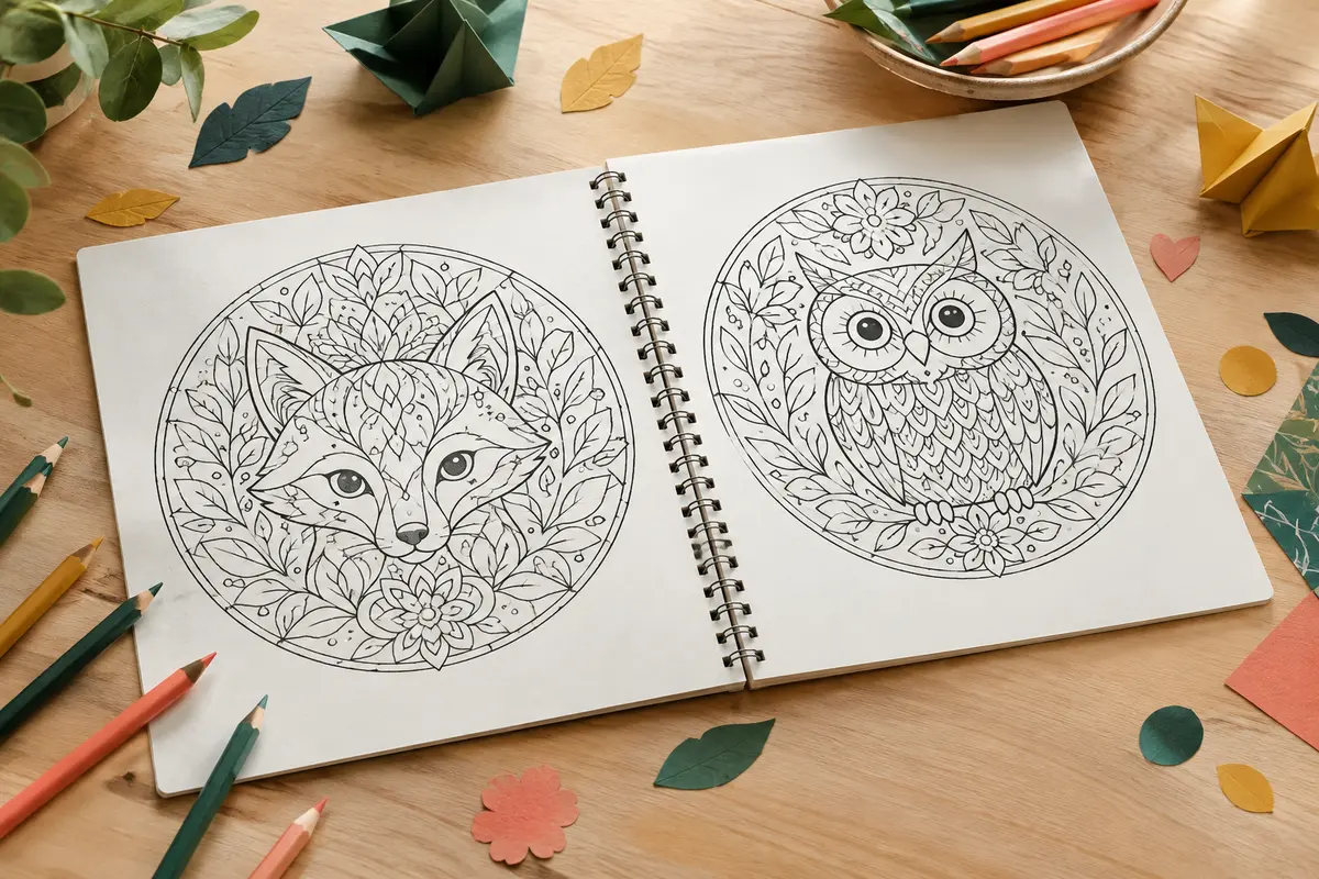 Livre de coloriage à spirale ouvert sur des mandalas animaliers, avec quelques crayons sur une table claire.