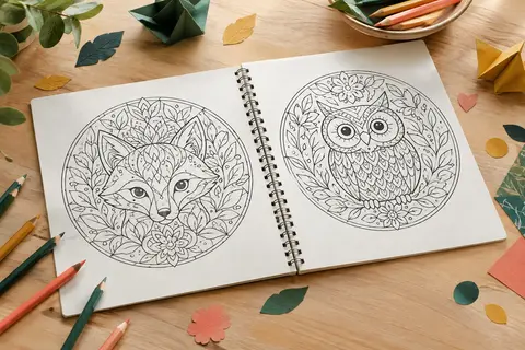 Livre de coloriage à spirale ouvert sur des mandalas animaliers, avec quelques crayons sur une table claire.
