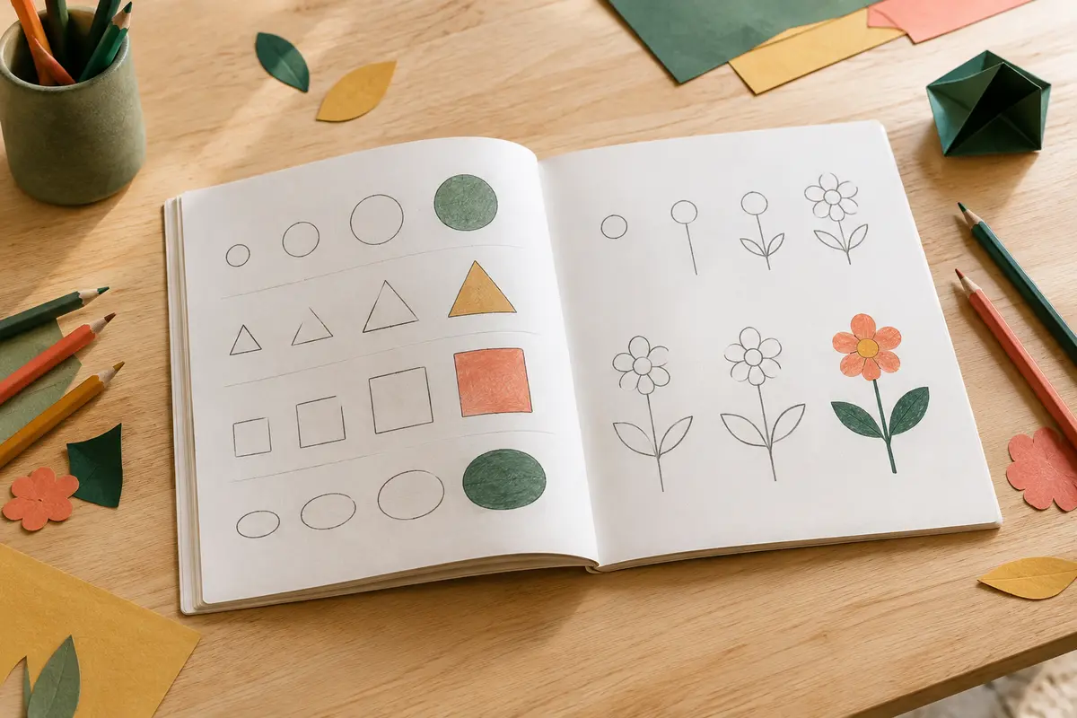 Livre d’activités de dessin ouvert sur une table claire, avec crayons de couleur et formes en papier.