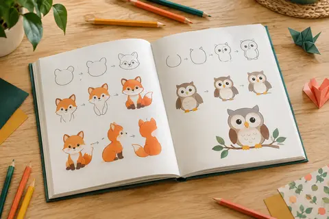 Livre ouvert de dessin kawaii avec des animaux mignons présentés en étapes sur une table claire