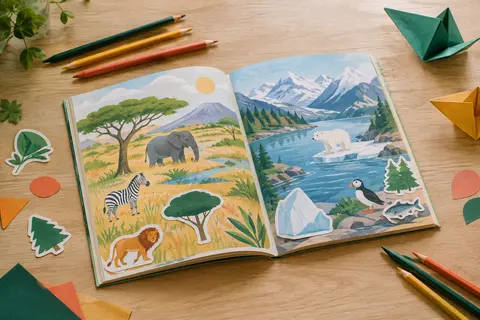 Livret de gommettes ouvert avec des animaux à placer sur des paysages, près de crayons de couleur.