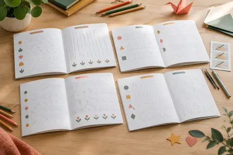 Cahiers d’écriture à rainures ouverts avec un stylo, des recharges et un guide de tenue des doigts.