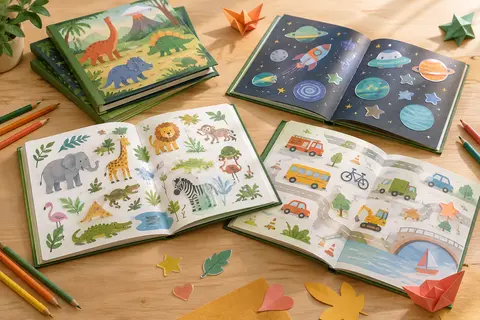Quatre livres d’autocollants verts ouverts sur une table, avec des motifs d’animaux, de dinosaures et d’espace.