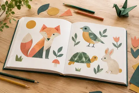 Livre ouvert de dessin d’animaux sur une table claire, accompagné de crayons de couleur et de papiers pliés.