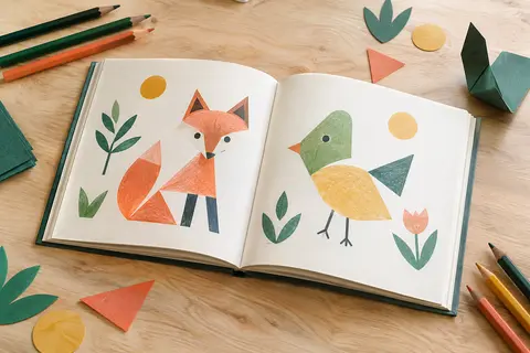 Livre ouvert de dessin animalier posé sur une table claire, avec quelques crayons de couleur à côté.