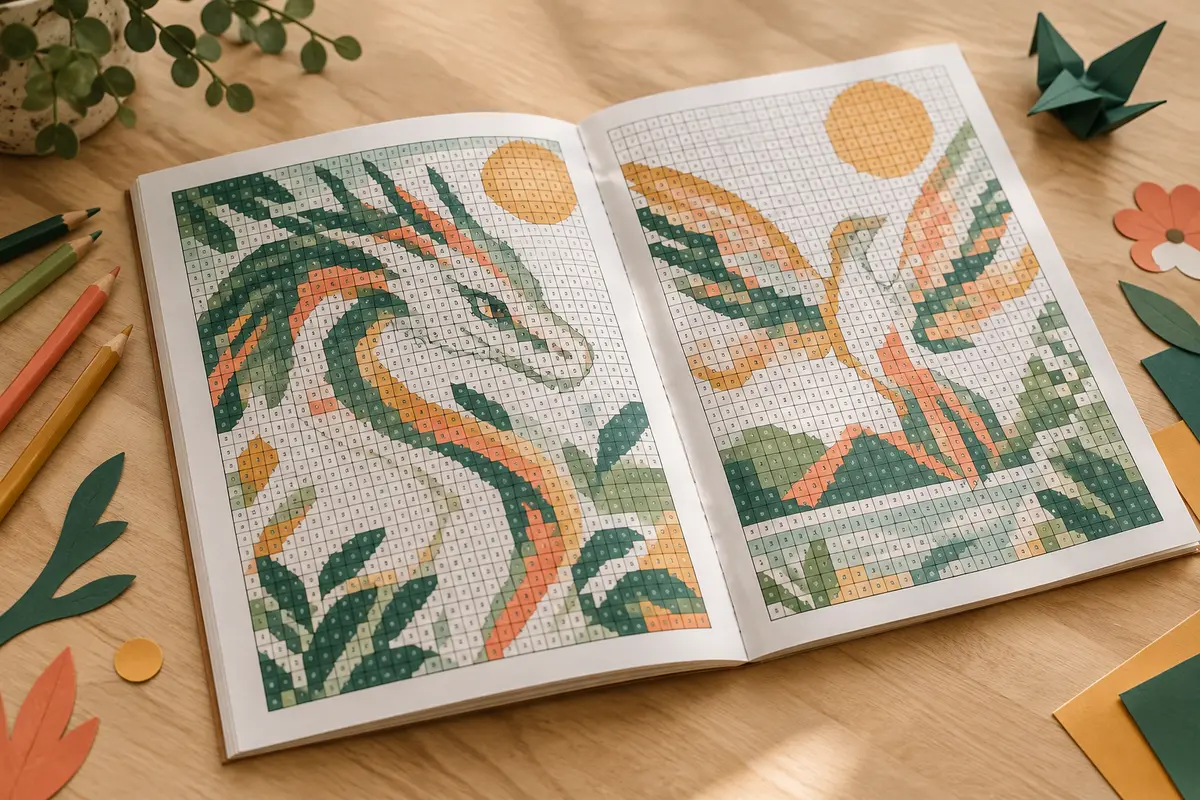 Livre de coloriage mystère ouvert sur des grilles numérotées, accompagné de crayons de couleur sur une table claire.