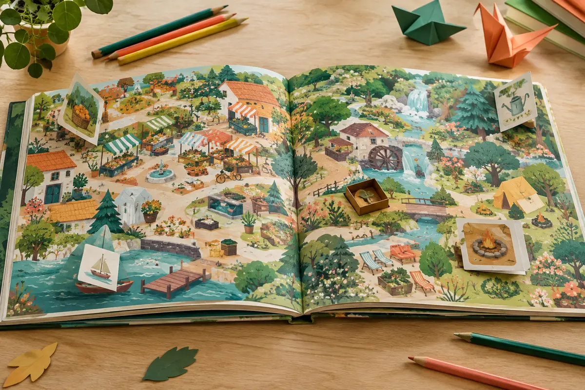 Album tout-carton ouvert sur des scènes colorées, avec des volets soulevés et des crayons sur une table claire.