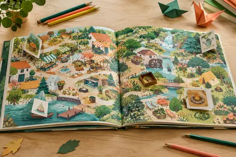 Album tout-carton ouvert sur des scènes colorées, avec des volets soulevés et des crayons sur une table claire.