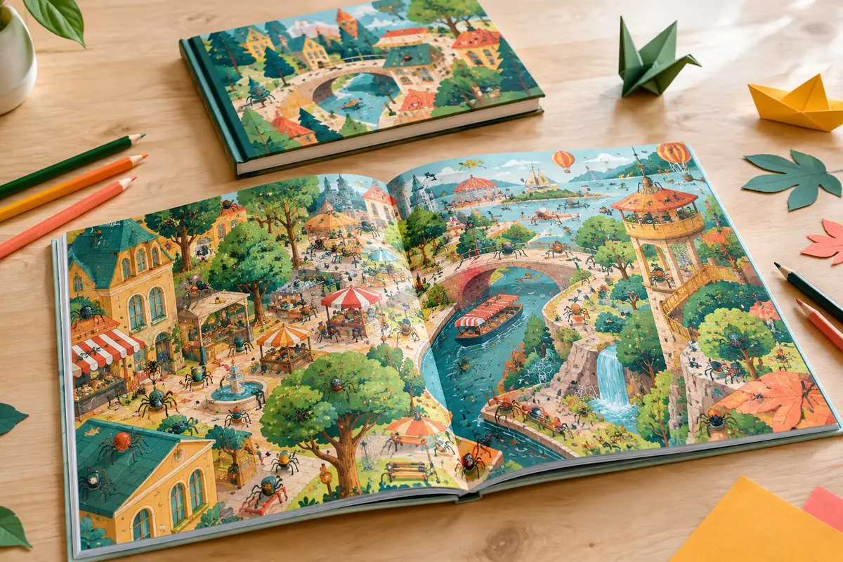Album tout-carton de cherche et trouve ouvert sur des scènes colorées avec crayons sur une table claire