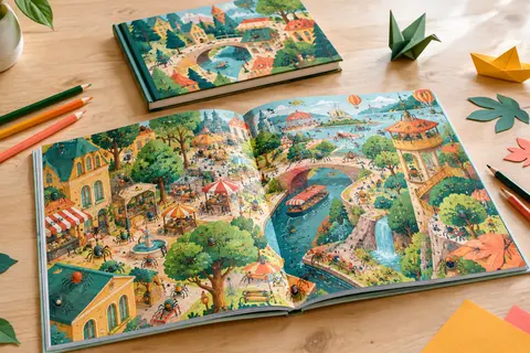 Album tout-carton de cherche et trouve ouvert sur des scènes colorées avec crayons sur une table claire