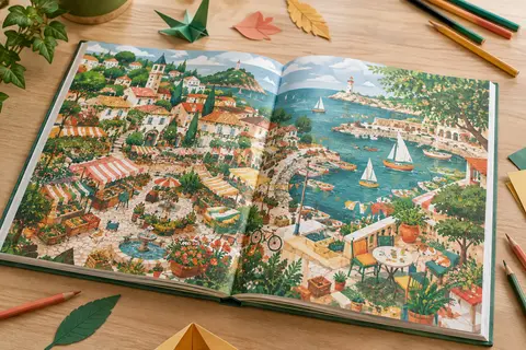Album cherche et trouve ouvert sur des scènes colorées de Stitch et Lilo, posé près de crayons de couleur.