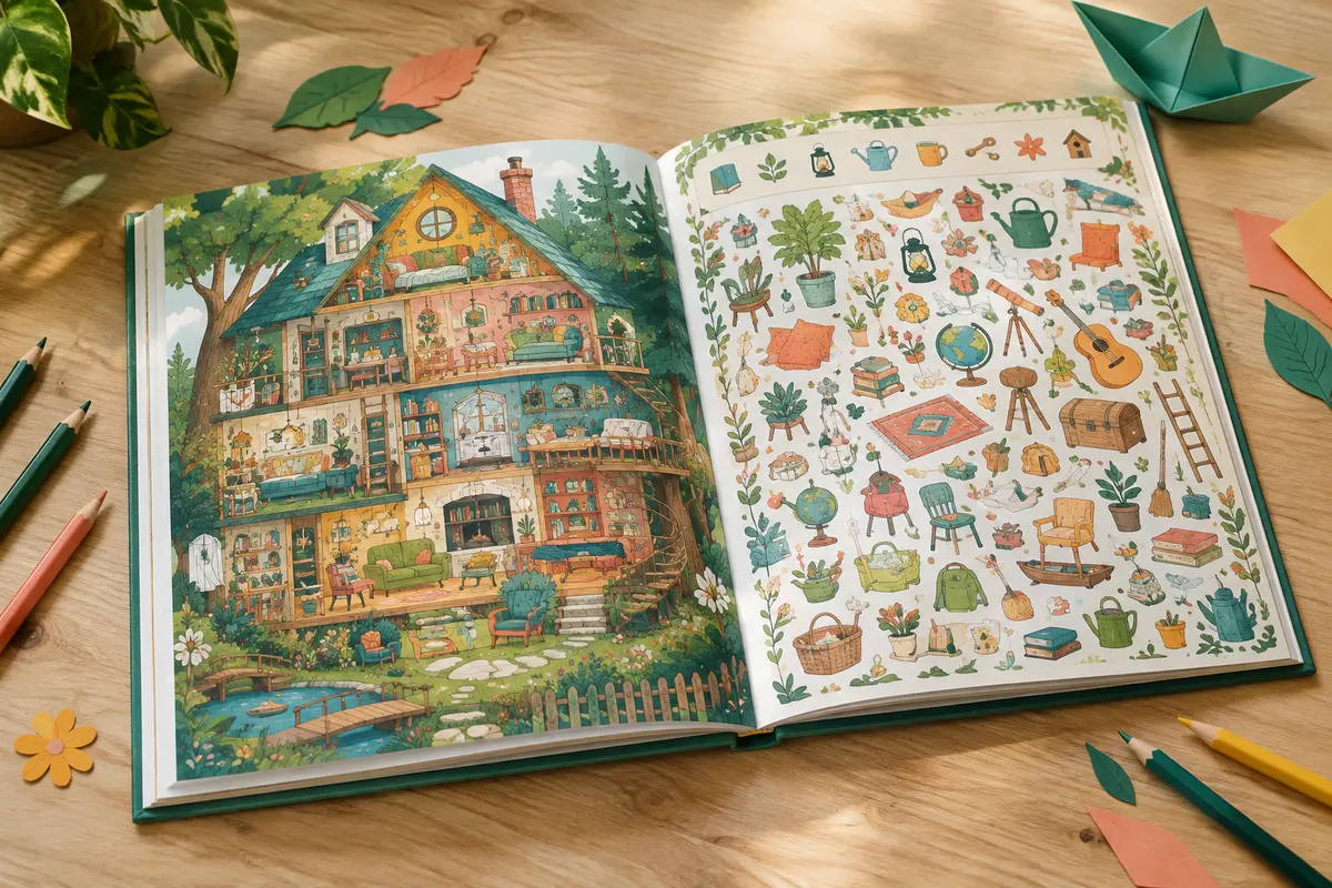Livre cherche et trouve ouvert sur une table claire, avec des crayons de couleur et des papiers découpés.