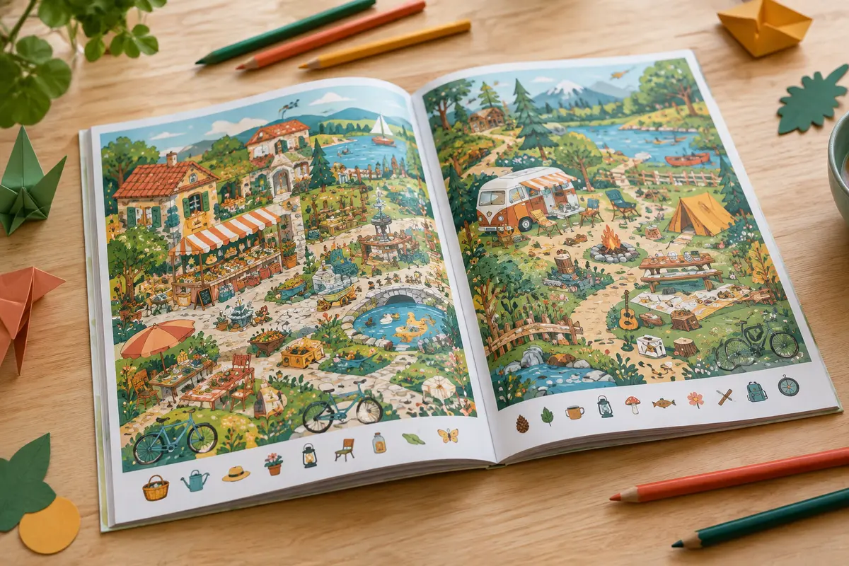 Livre de cherche et trouve ouvert sur une table claire, entouré de crayons et de papiers colorés.