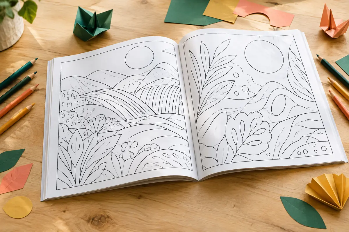 Livre de coloriage ouvert sur une table claire, accompagné de crayons de couleur et de papiers pliés.