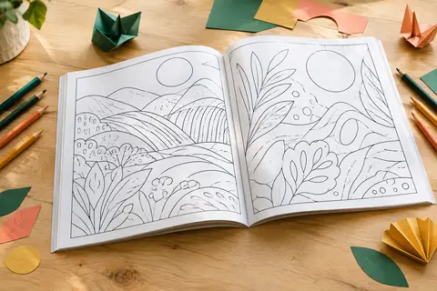 Livre de coloriage ouvert sur une table claire, accompagné de crayons de couleur et de papiers pliés.