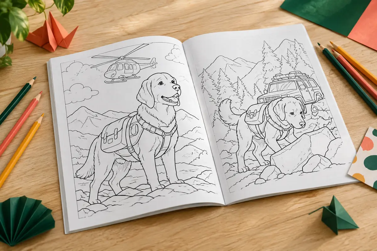 Livre de coloriage ouvert sur une table claire, accompagné de crayons de couleur