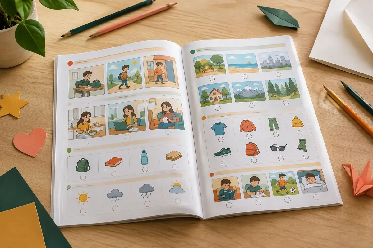 Cahier d’anglais ouvert avec des pages illustrées, des exercices et quelques crayons sur une table claire.