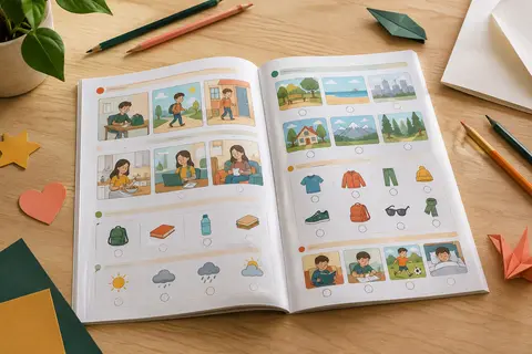 Cahier d’anglais ouvert avec des pages illustrées, des exercices et quelques crayons sur une table claire.