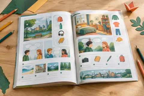Cahier d’anglais illustré ouvert sur une table claire, accompagné de crayons de couleur et de papier plié