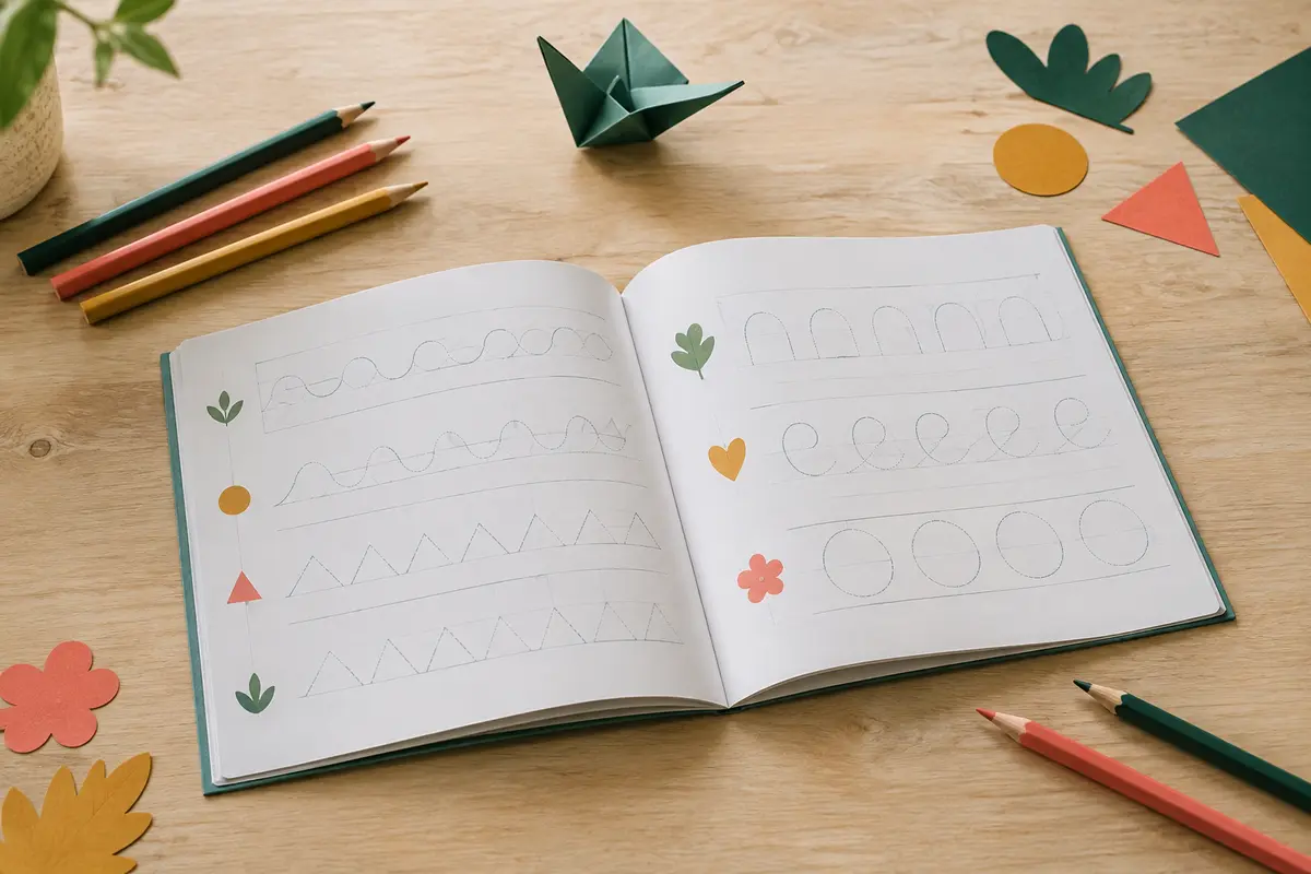 Cahier d’écriture ouvert sur une table claire, accompagné de crayons de couleur et de formes en papier.