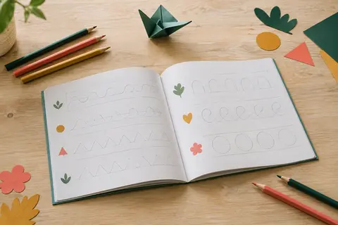 Cahier d’écriture ouvert sur une table claire, accompagné de crayons de couleur et de formes en papier.