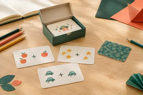 Boîtier de cartes de maths ouvert avec des cartes illustrées et des crayons sur une table en bois clair.