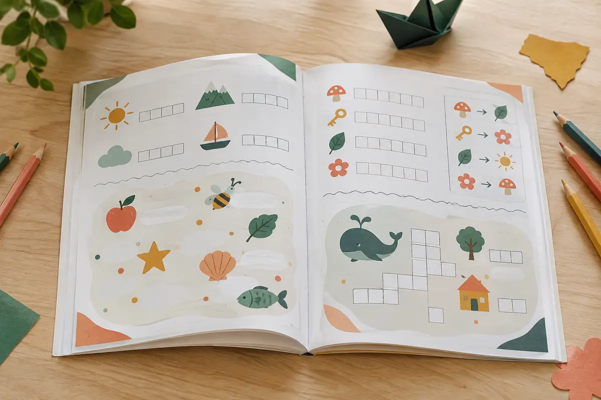 Livre d’activités ouvert sur une table claire, accompagné de crayons de couleur et de papiers décoratifs