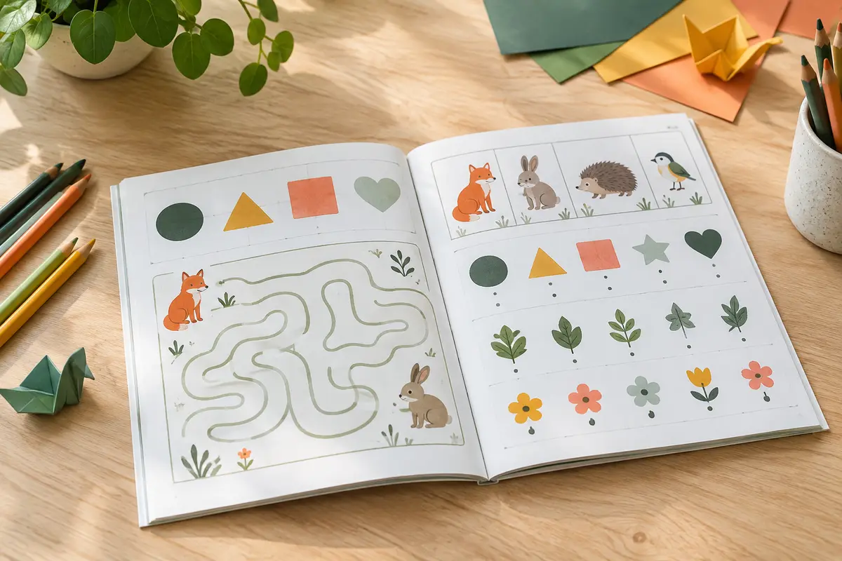 Livre de jeux illustré ouvert sur une table claire, accompagné de crayons de couleur et de motifs animaliers.