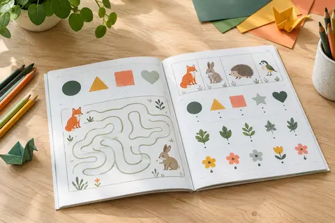 Livre de jeux illustré ouvert sur une table claire, accompagné de crayons de couleur et de motifs animaliers.