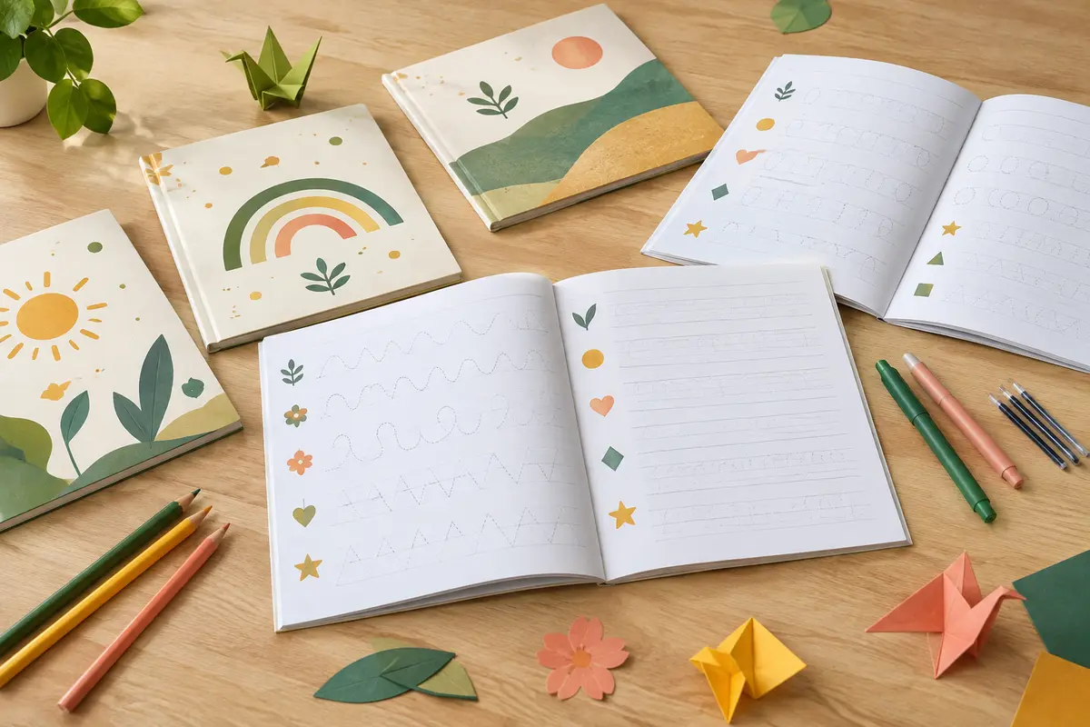 Quatre cahiers d’écriture ouverts avec des stylos effaçables sur une table en bois clair.