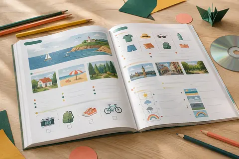 Cahier d’anglais ouvert avec crayons de couleur et CD audio sur une table en bois clair.