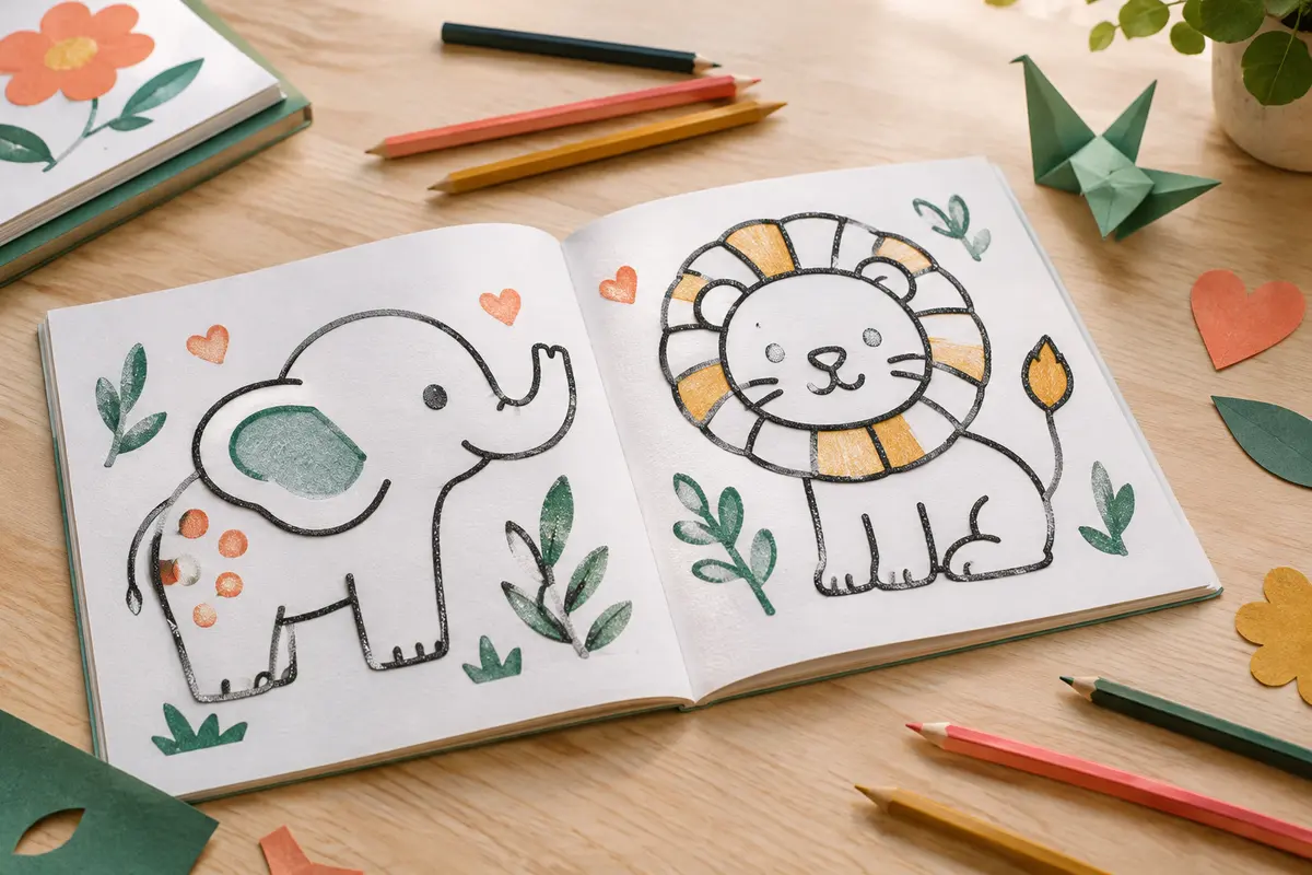 Bloc de coloriage ouvert sur des dessins d’animaux aux contours épais et pailletés, avec des crayons de couleur.