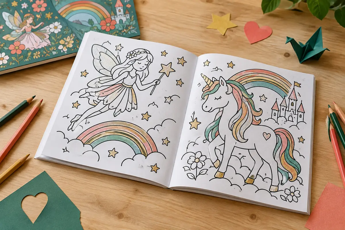 Bloc de coloriage ouvert aux motifs de fées et licornes, avec contours épais en relief et crayons de couleur