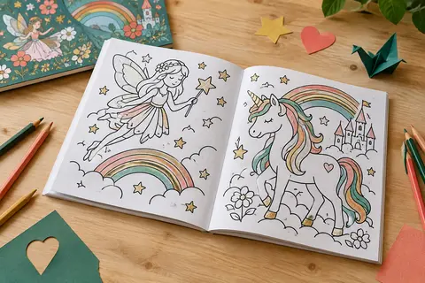 Bloc de coloriage ouvert aux motifs de fées et licornes, avec contours épais en relief et crayons de couleur