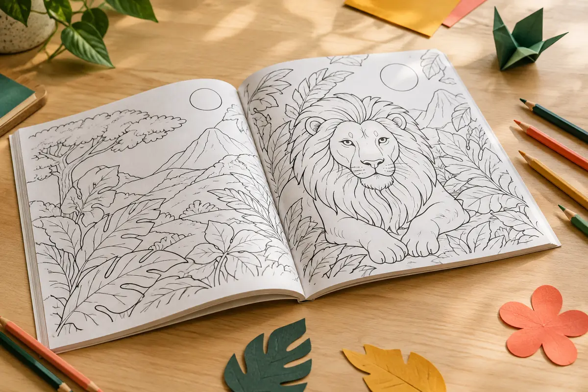 Grand livre de coloriage ouvert sur des dessins de lion, avec des crayons de couleur sur une table claire.