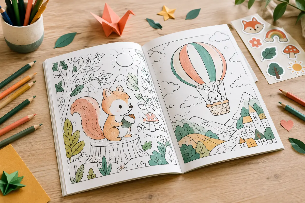 Livre de coloriage ouvert sur une table claire, avec des stickers colorés et des crayons.