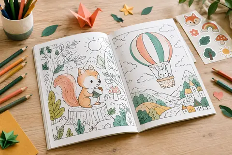 Livre de coloriage ouvert sur une table claire, avec des stickers colorés et des crayons.